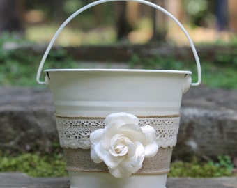 Flower Girl Basket Pail Linen and Lace, Rustic Shabby Chic Wedding