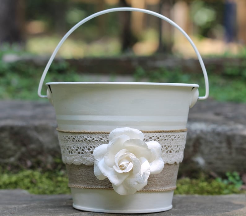 Flower Girl Basket Pail Linen and Lace, Rustic Shabby Chic Wedding image 1