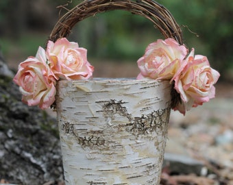 Shabby Chic Flower Girl Basket Rustic Wedding, Birch With Twig Handle, Paper Roses, Rustic Wedding, Shabby Chic Wedding
