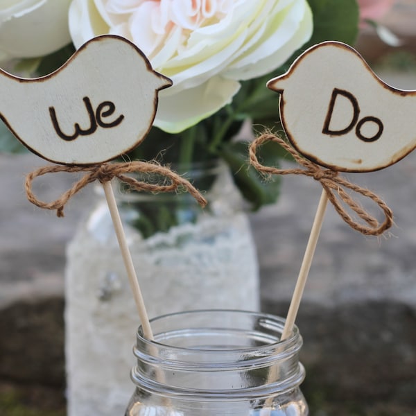 Wedding Cake Toppers Love Birds We Do Cupcake Toppers, Rustic Wedding, Set of 2