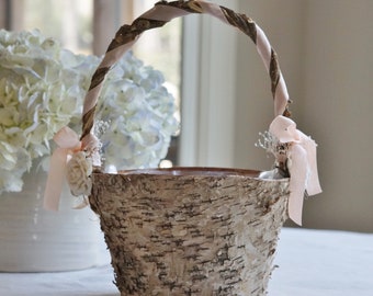 Flower Girl Basket Rustic Wedding Baby’s Breath Roses, Custom Ribbon Color VERY Rustic Read Description