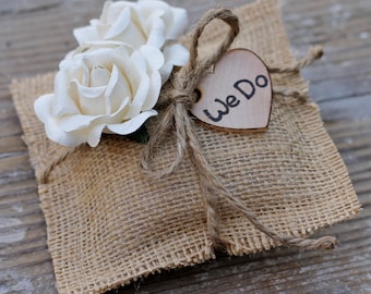 Wedding Ring Pillow Rustic Wedding, Rustic Ring Wedding Pillow Cream Paper Roses, Personalized "We Do", Shabby Chic Weddings