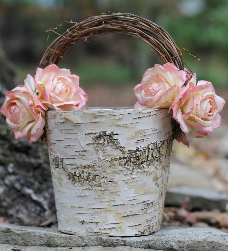 Shabby Chic Flower Girl Basket Rustic Wedding Birch With Twig Etsy