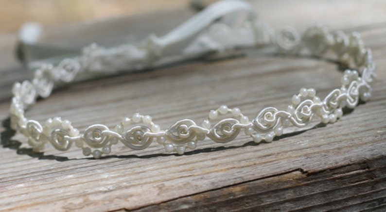 Flower Girl Headband Pearls and Lace Ivory or White Wedding Bridal, Christening, Child Headband Baby Girl image 2