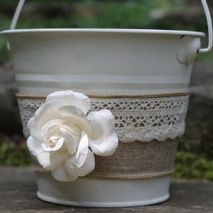 Flower Girl Basket Pail Linen and Lace, Rustic Shabby Chic Wedding image 4