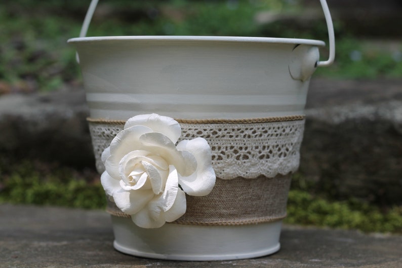 Flower Girl Basket Pail Linen and Lace, Rustic Shabby Chic Wedding image 4