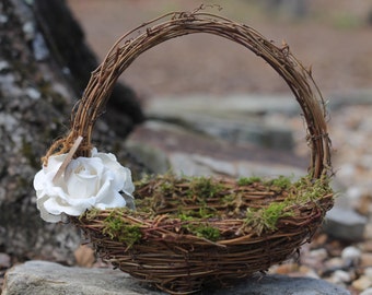 Flower Girl Basket Rustic Nest Personalized, Paper Roses Rustic Woodland Wedding