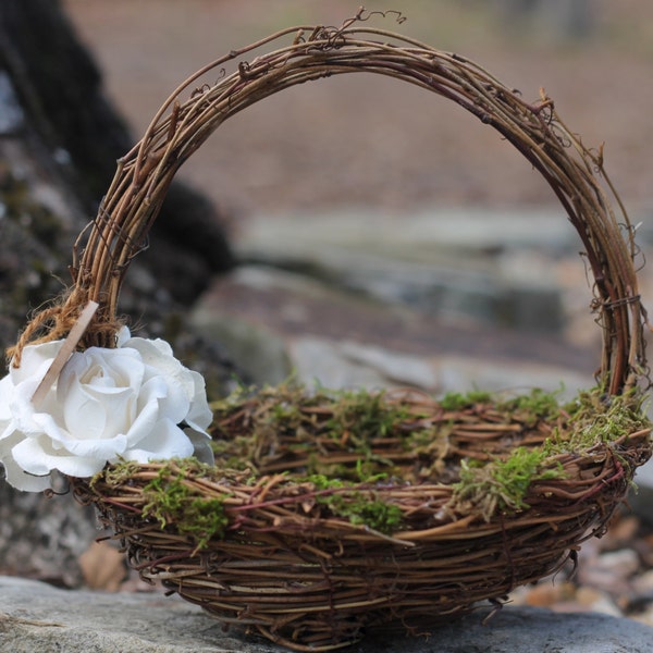 Flower Girl Basket Rustic Nest Personalized, Paper Roses Rustic Woodland Wedding