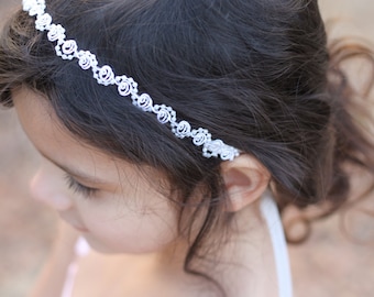 Flower Girl Headpiece Headband Pearls and Lace Ivory or White Wedding Bridal, Christening, Child Headband Baby Girl