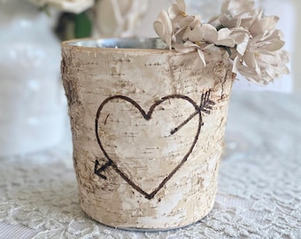 Birch Pot Vase Heart Arrow Valentines, Holiday, Love, Wedding Birch Pail Vase, All Birch Pots Are Handmade - READ Description