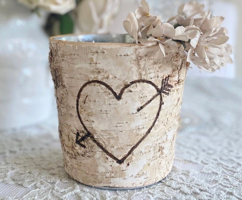 Birch Pot Vase Heart Arrow Valentines, Holiday, Love, Wedding Birch Pail Vase, All Birch Pots Are Handmade READ Description image 1