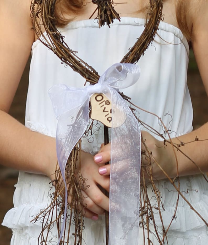 Flower Girl Basket Alternative Heart Wand With Personalized Heart And Sheer Organza Ribbon, Rustic, Cottage Weddings image 4