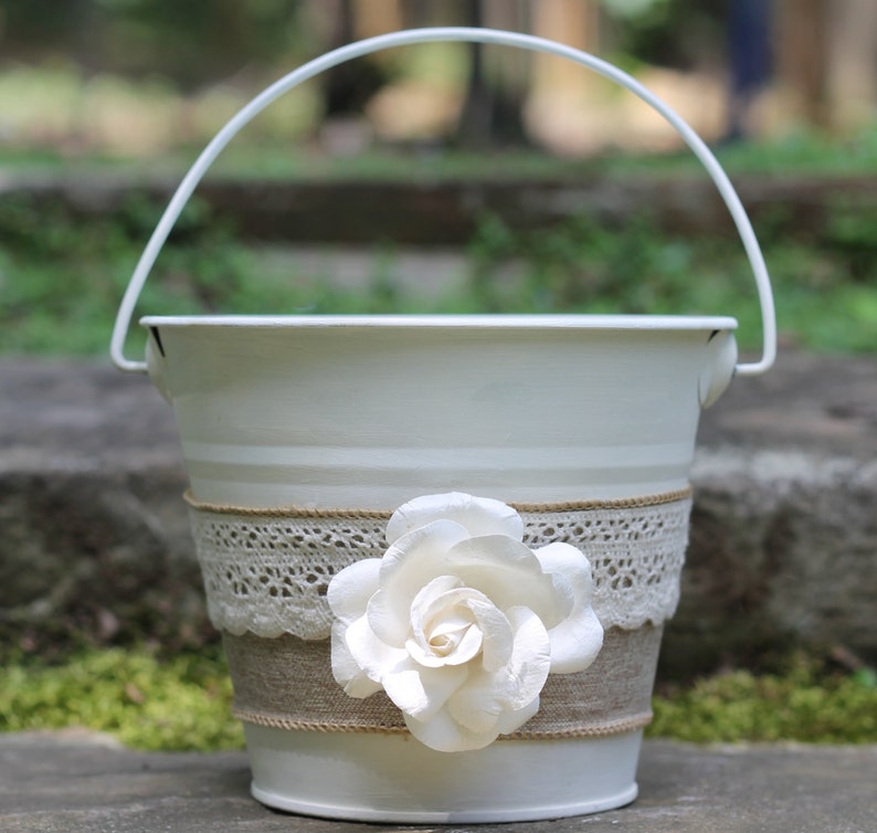 Flower Girl Basket Pail Linen and Lace, Rustic Shabby Chic Wedding image 3