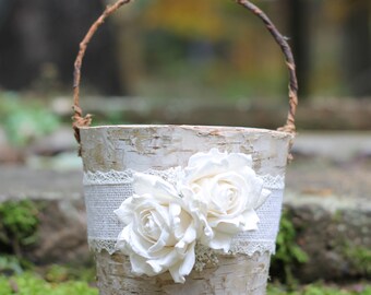 Birch Flower Girl Basket Rustic, Burlap Lace and Roses