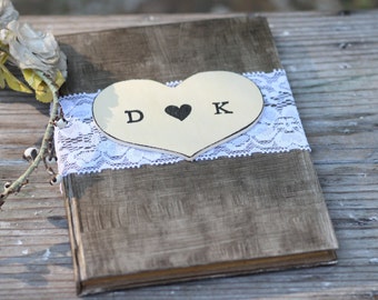 Wedding Guest Book, Advice For The Bride Book, Bridal Shower Guest Book, Lace and Personalized Heart, Shabby Chic, Rustic Weddings, 5" x 7"