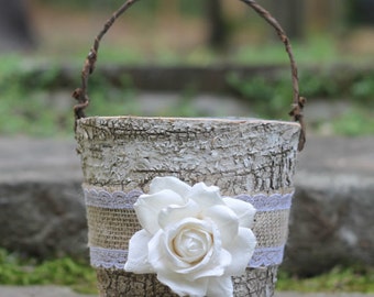 Birch Flower Girl Basket Rustic  Burlap Lace and A Paper Rose