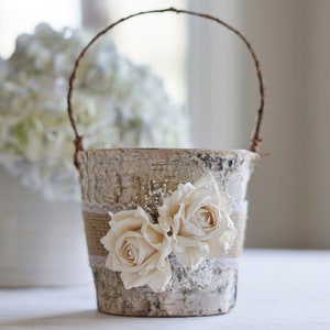 Birch Flower Girl Basket Rustic, Burlap Lace and Roses babys breath image 1