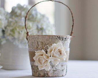 Birch Flower Girl Basket Rustic, Burlap Lace and Roses baby’s breath