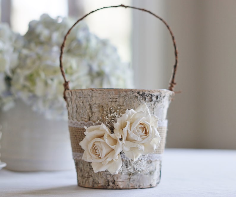 Birch Flower Girl Basket Rustic, Burlap Lace and Roses babys breath image 1