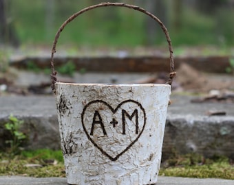 Rustic Birch Flower Girl Basket Personalized, Tree Bark Handle Rustic Wedding