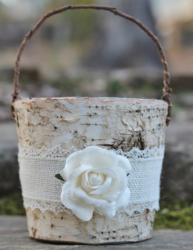 Birch Bark Rustic Flower Girl Basket Burlap Lace and A Paper Etsy