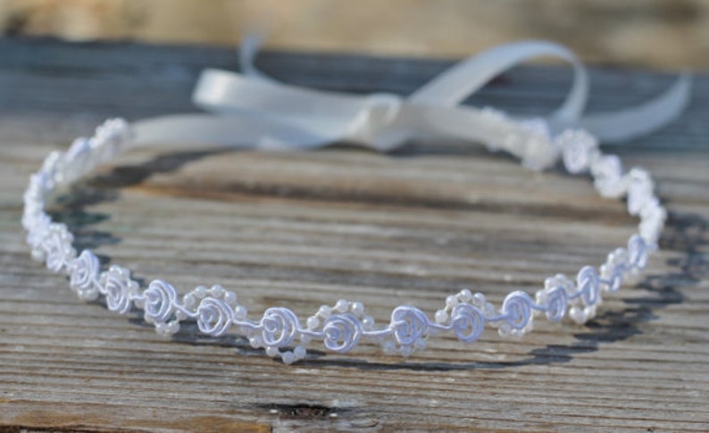 Flower Girl Headband Pearls and Lace Ivory or White Wedding Bridal, Christening, Child Headband Baby Girl image 3