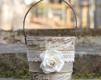 Flower Girl Basket Rustic Burlap Lace and A Paper Rose, Barn, Shabby Chic Weddings