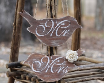 Love Bird Chair Signs Mr and Mrs Rustic Shabby Chic Weddings