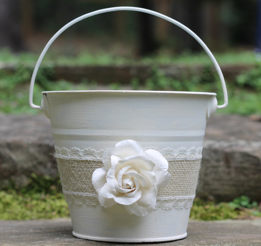 Flower Girl Basket Pail Burlap and Lace, Rustic Shabby Chic Wedding - Etsy
