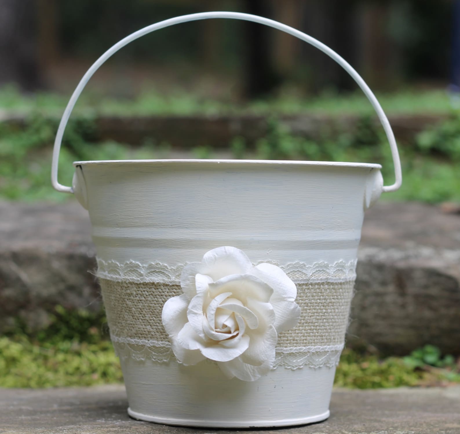 Flower Girl Basket Pail Burlap and Lace Rustic Shabby Chic Etsy