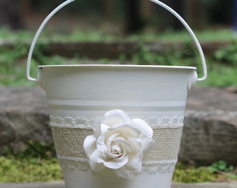 Flower Girl Basket Pail Burlap and Lace, Rustic Shabby Chic Wedding