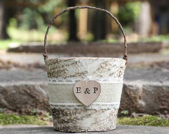 Birch Bark Rustic Flower Girl Basket Burlap Lace and Personalized Heart