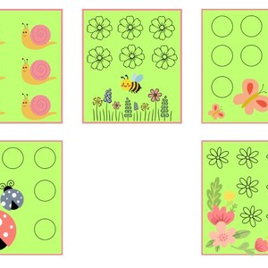 May include: A set of five colorful educational cards with a light green background and pink borders. The cards feature illustrations of snails, flowers, bees, butterflies, ladybugs, and circles, designed for learning activities.