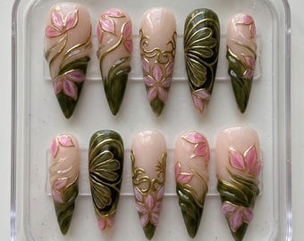Spring Floral Press On Nails, Green Swirl Butterfly Design, Pink Flower 3D Gel Long Stiletto Aesthetic Handmade Nails Gift