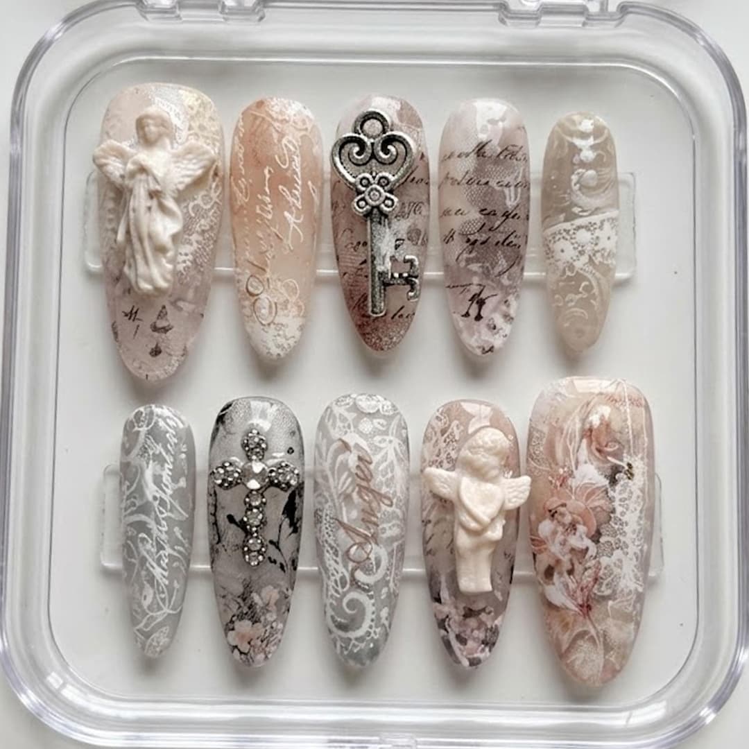 Vintage Angel Press on Nails, Antique Key Nails, Neutral Beige Nails ...