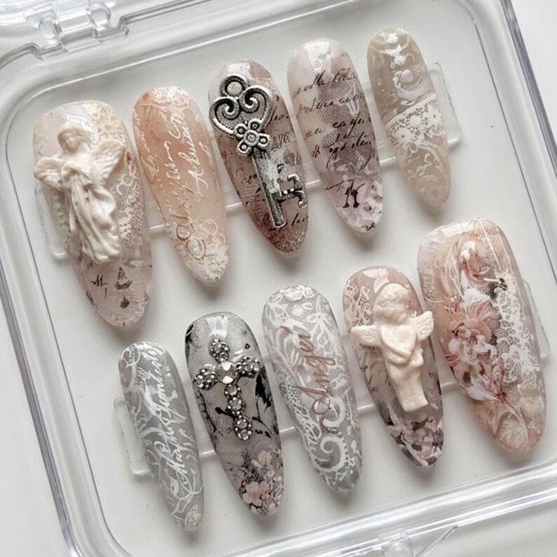 Vintage Angel Press on Nails, Antique Key Nails, Neutral Beige Nails ...