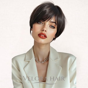Puede incluir: Una mujer con una peluca corta, marrón oscuro, con flequillo lateral. Lleva una blazer color crema y un collar plateado. El texto "VELORA HAIR" es visible en la blazer.