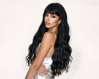 Peluca larga ondulada negra con flequillo – Peluca glamurosa de capas suaves y naturales