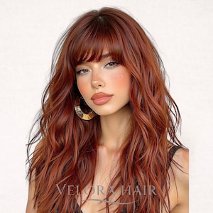 Copper Ginger Wig with Bangs Wavy Layered Natural Looking Women Wig Messy Waves Auburn Hair