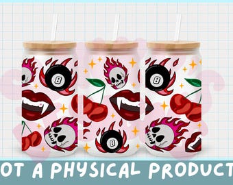Flaming Skull 16oz Cup Wrap PNG | Vampire Lips, Cherries (Digital Download)
