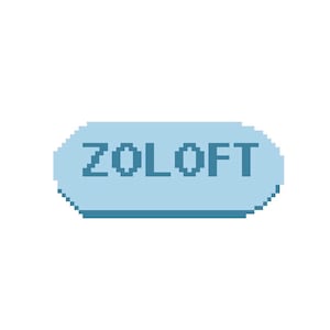 May include: A pixelated light blue pill-shaped graphic with the word "ZOLOFT" in dark blue pixelated letters. The graphic has a dark blue shadow and is set against a white background.