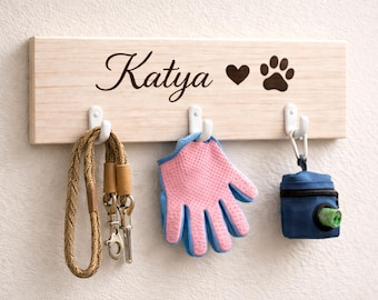 Soporte de pared personalizado para correa de perro, gancho personalizado para correa de mascota, organizador de madera para perros, almacenamiento de correas para la entrada, regalo para dueños de perros