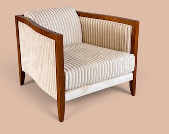 Sillón italiano de nogal de los años 70 / Asientos de salón Art Déco tapizados en color crema