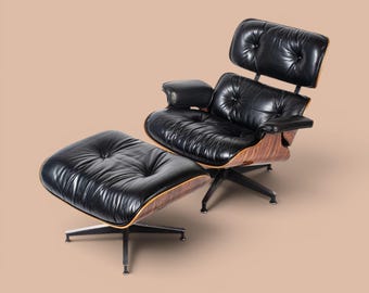 Black Leather Lounge Chair and Ottoman, Mid Century Modern Seating, Walnut Accent Armchair Set