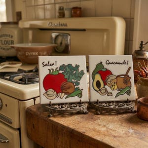 Vintage Masterworks Ceramic Tile Trivet Set | Salsa & Guacamole Kitchen Trivets | Southwestern Kitchen Decor | Mexican Food Wall Art | Made