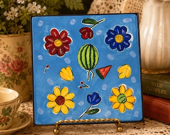 Vintage Hand Painted Ceramic Tile Trivet | Floral Fruit Hot Plate | Blue Kitchen Trivet | Cottagecore Kitchen Decor | Country Farmhouse