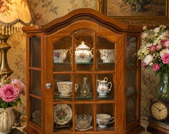 Vintage Curio Cabinet | Wall Display Cabinet | Glass Display Case | Oak China Cabinet | Cottagecore Farmhouse Wall Shelf | Collectible Displ
