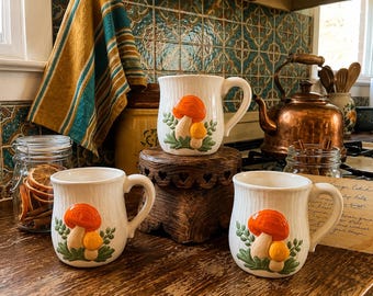 Vintage Merry  Mushroom Mugs Set of 3 | Handmade Ceramic Mushroom Coffee Cups | Cottagecore Kitchen Decor | Woodland Mug Collection