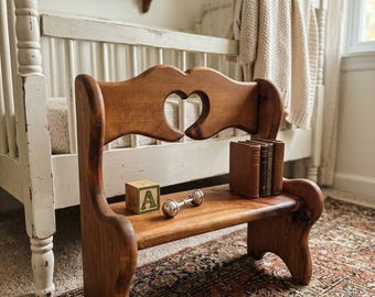 Vintage Solid Wood Heart Cut-Out Bench | Rustic Farmhouse Stool | Cottagecore Decor | Small Wooden Accent Seat | Nursery or Entryway