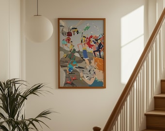 Pode incluir: Uma obra de arte emoldurada com uma ilustração abstrata colorida. A obra apresenta figuras em várias poses e roupas, com uma mistura de cores brilhantes e suaves. A moldura é marrom quente e a obra é exibida em uma parede branca.